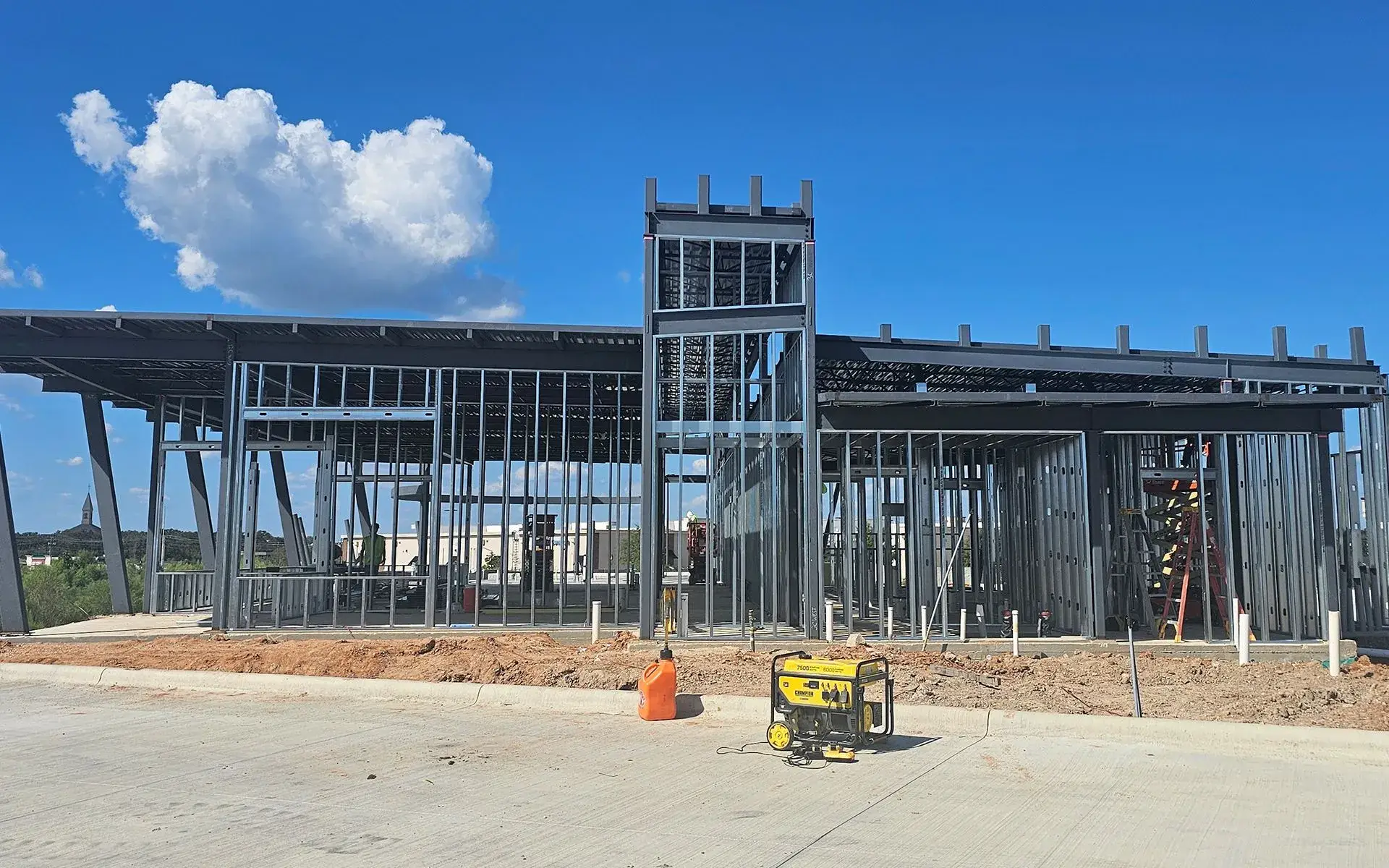 Steel-frame commercial building under construction in Central Texas